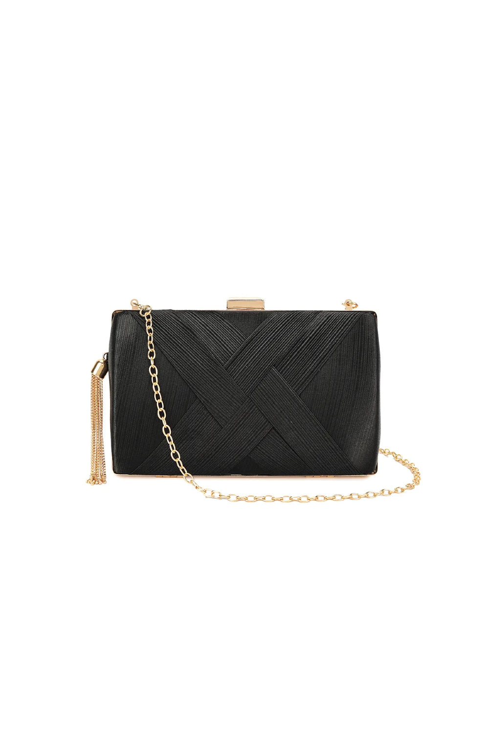 Black Satin Clutch Bag With Tassels-0