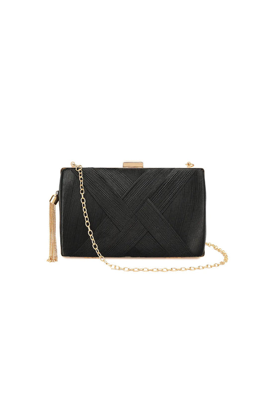 Black Satin Clutch Bag With Tassels-0
